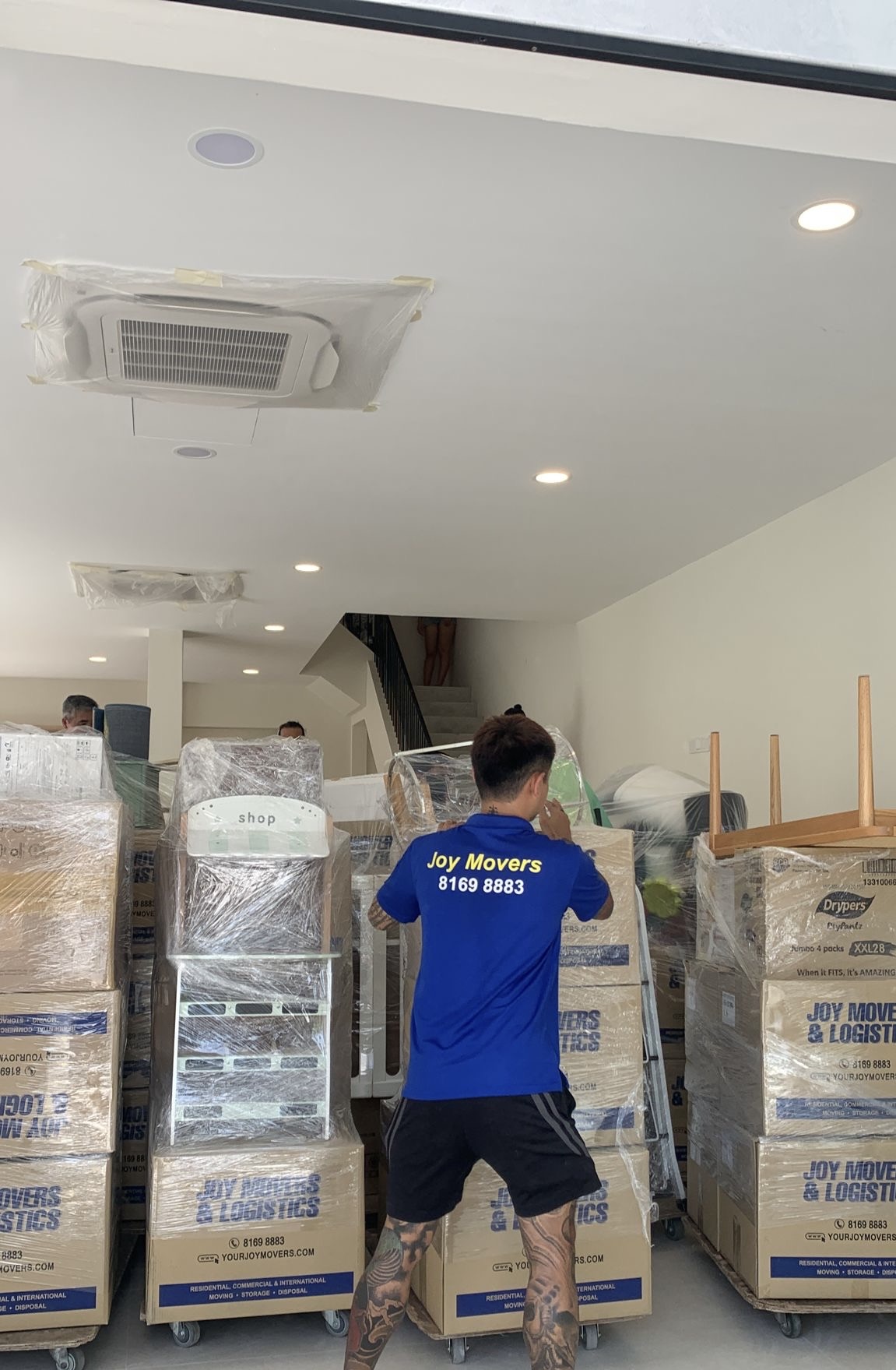 workers arranging boxes for moving house